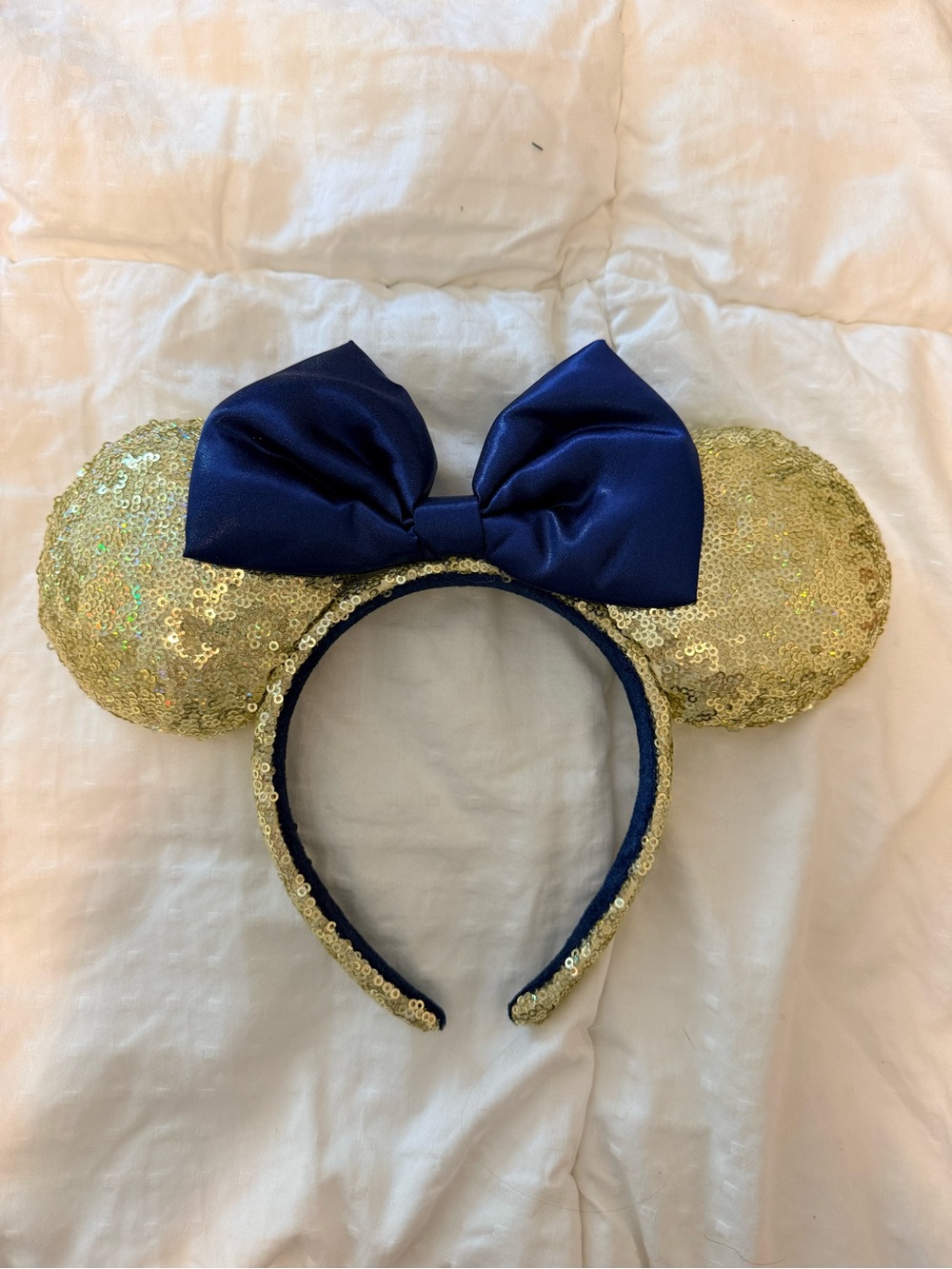 Disney Gold Sequin Minnie Ears Headband with Navy Bow
